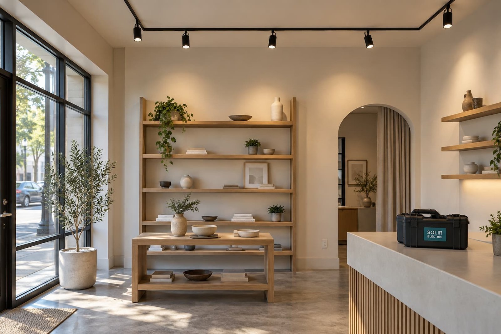 Track lighting above the display area in a small retail shop