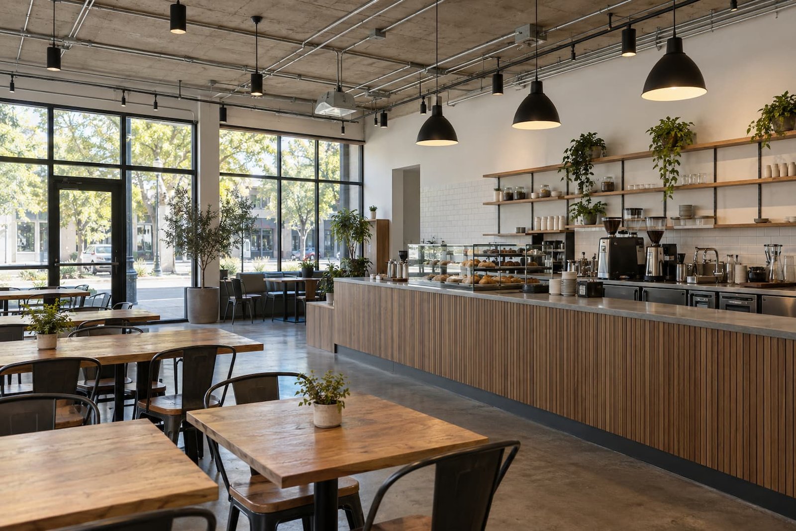 Solir Electric 7 Neighborhood cafe interior with pendant lights, ceiling lighting and neatly routed conduit
