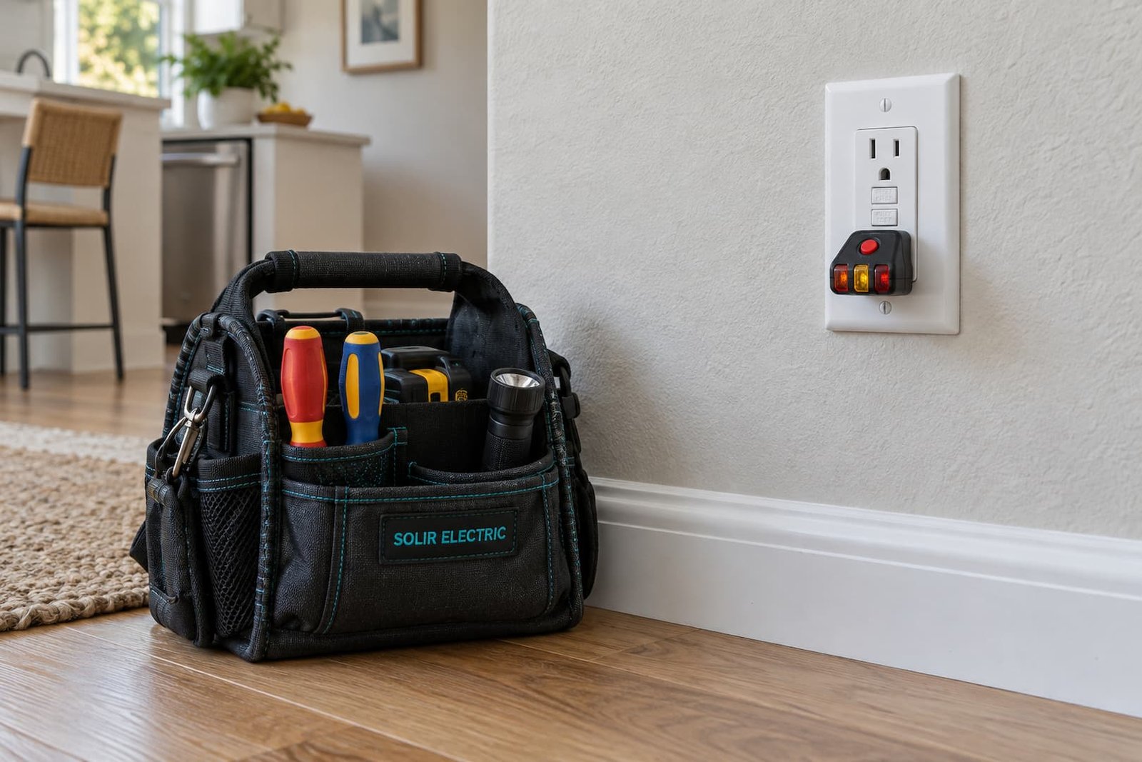 Solir Electric 6 Plug-in receptacle tester in a covered wall outlet beside an electrician’s tool bag