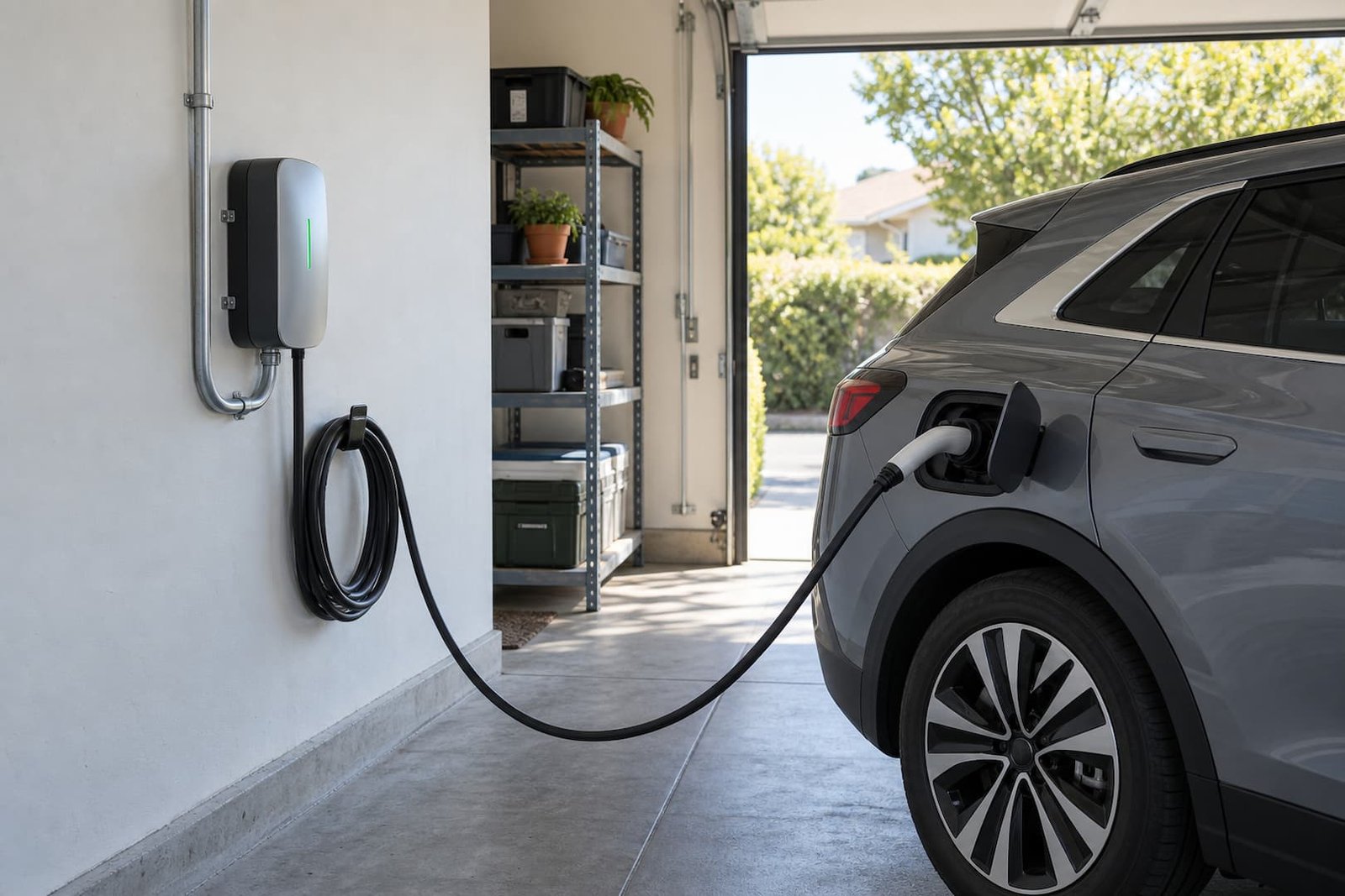Solir Electric 3 Wall-mounted home EV charger with a cable connected to a parked electric car