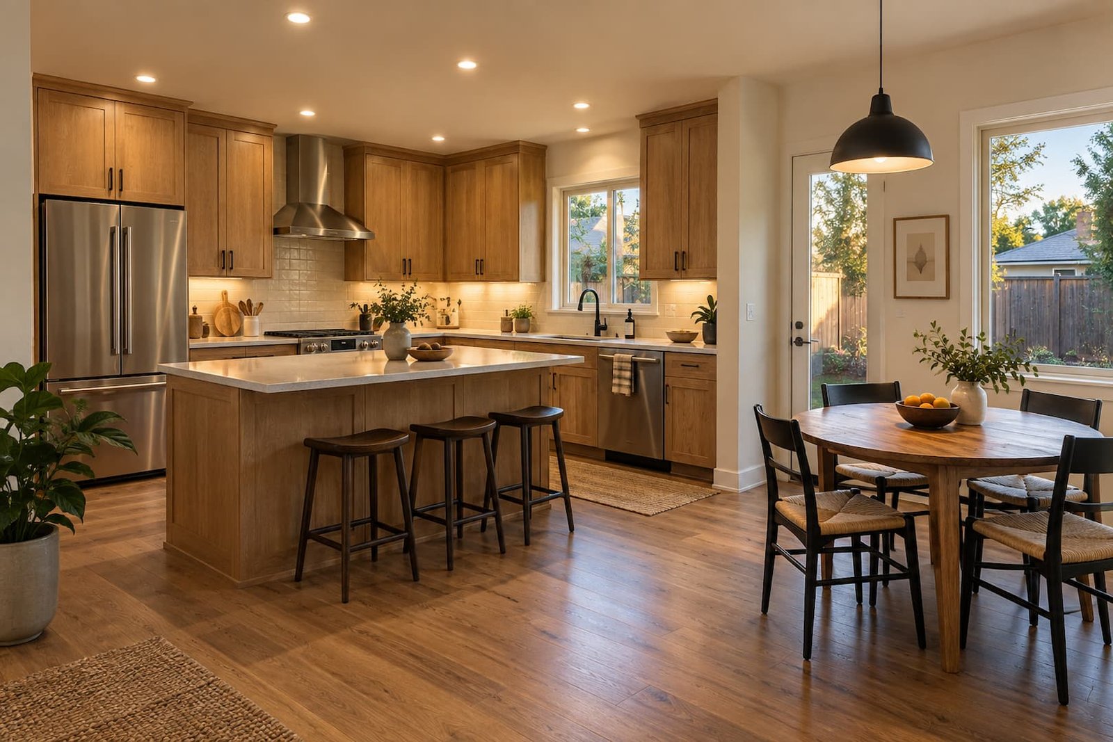 Solir Electric 4 Warm recessed and pendant lighting in a bright kitchen and dining space
