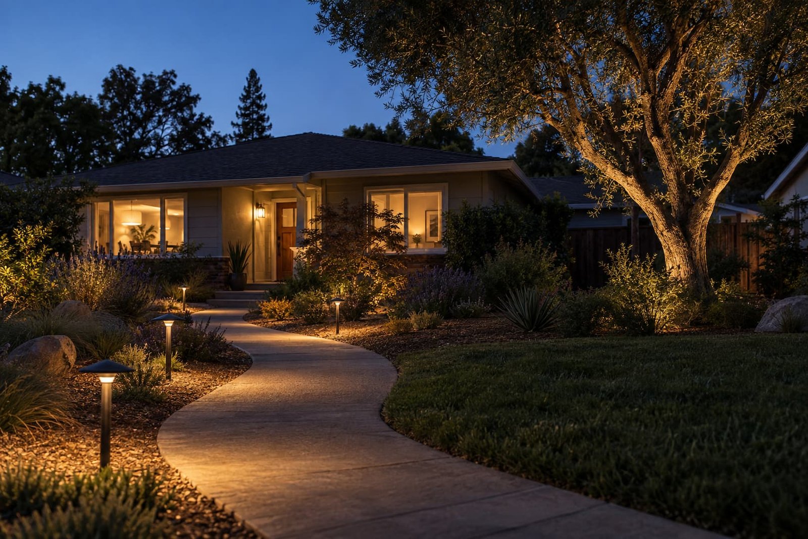 Solir Electric 5 Warm path and landscape lighting outside a single-story home at dusk