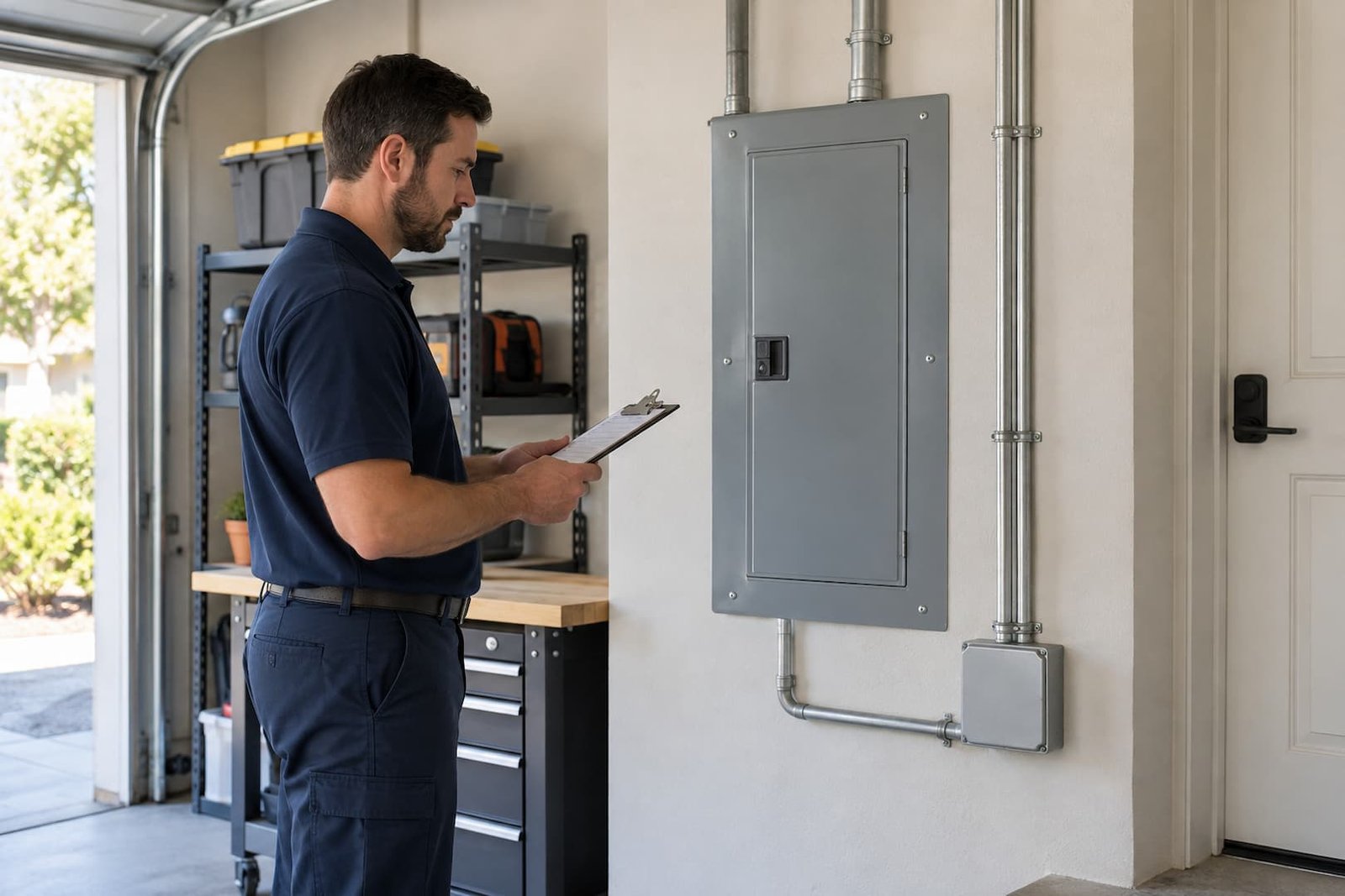 Solir Electric 2 Enclosed electrical panel and neatly routed conduit in a residential garage