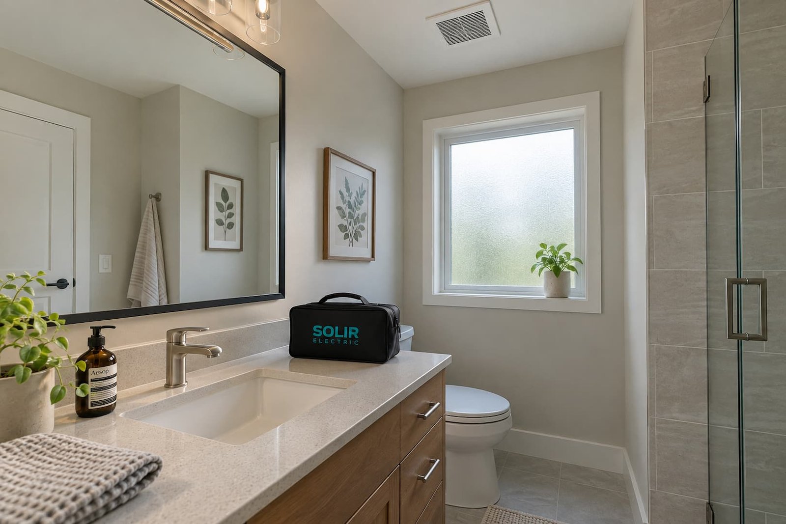 Bathroom & Attic Fan Installation in Sacramento 1 Clean bathroom with a flush ceiling exhaust fan and subtle Solir branding