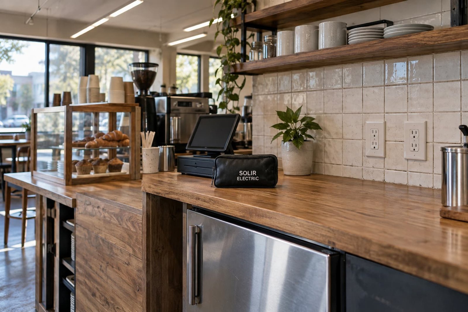 Commercial Electrician in Sacramento 2 Cafe service counter with wall outlets, linear ceiling lights and a small Solir Electric pouch.