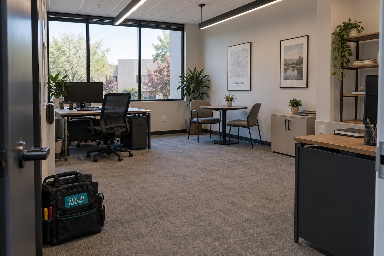 Commercial Electrician in Sacramento 1 Office interior with linear ceiling lighting and a Solir Electric tool bag