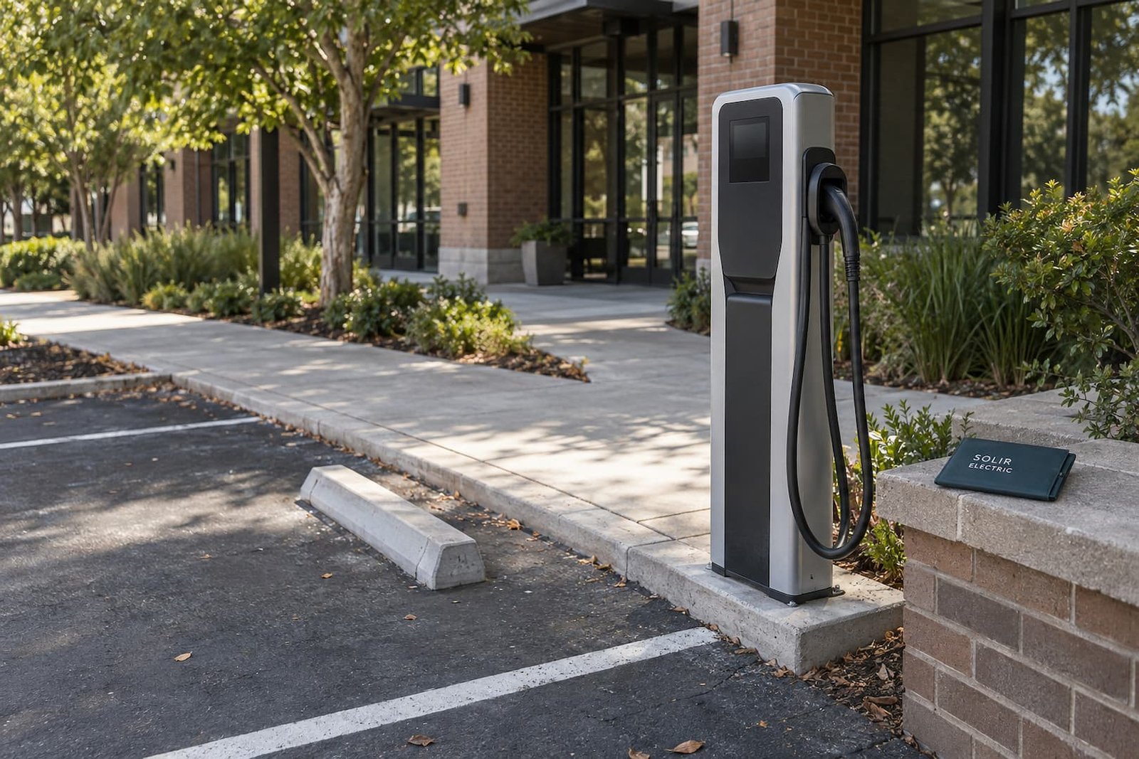 Commercial EV Charger Installation in Sacramento 2 Freestanding EV charger beside a business parking stall, with its cable holstered and a Solir Electric document sleeve nearby.