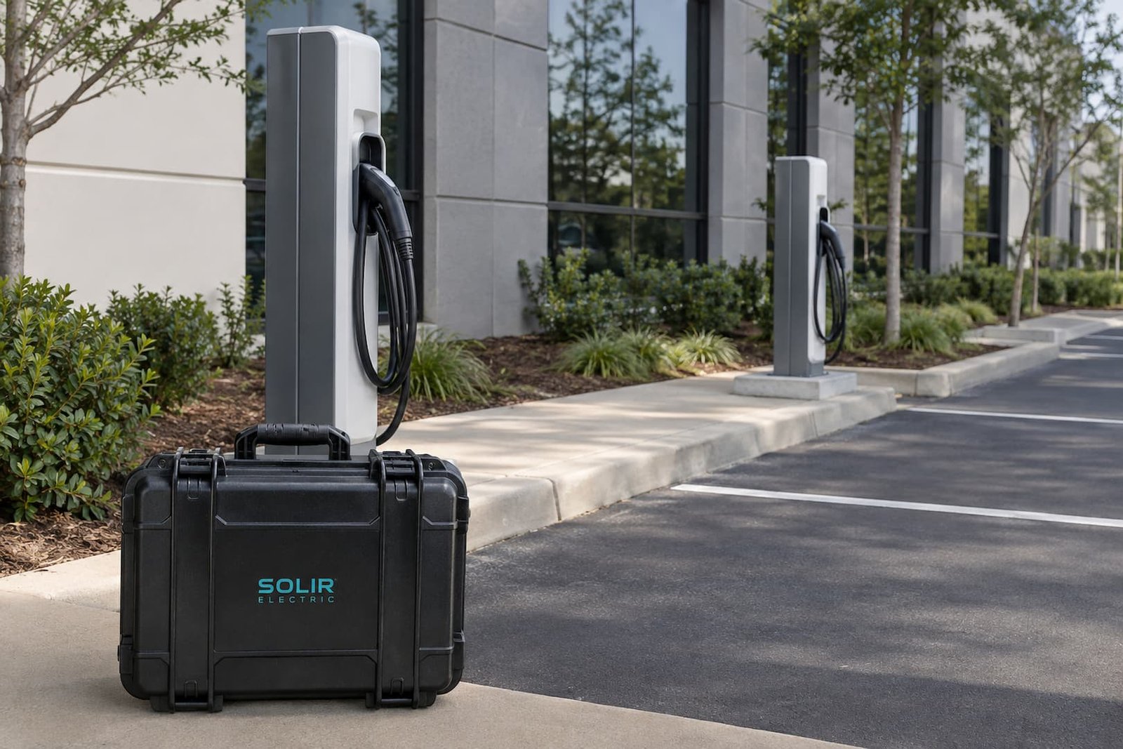 Commercial EV Charger Installation in Sacramento 1 Two electric vehicle charging stations in a clean commercial parking area
