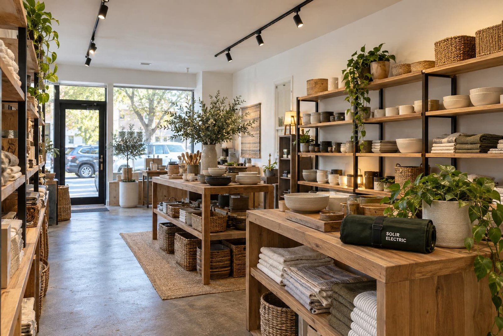 Small home-goods shop with ceiling track lights illuminating shelves and a Solir Electric tool roll on a display table.
