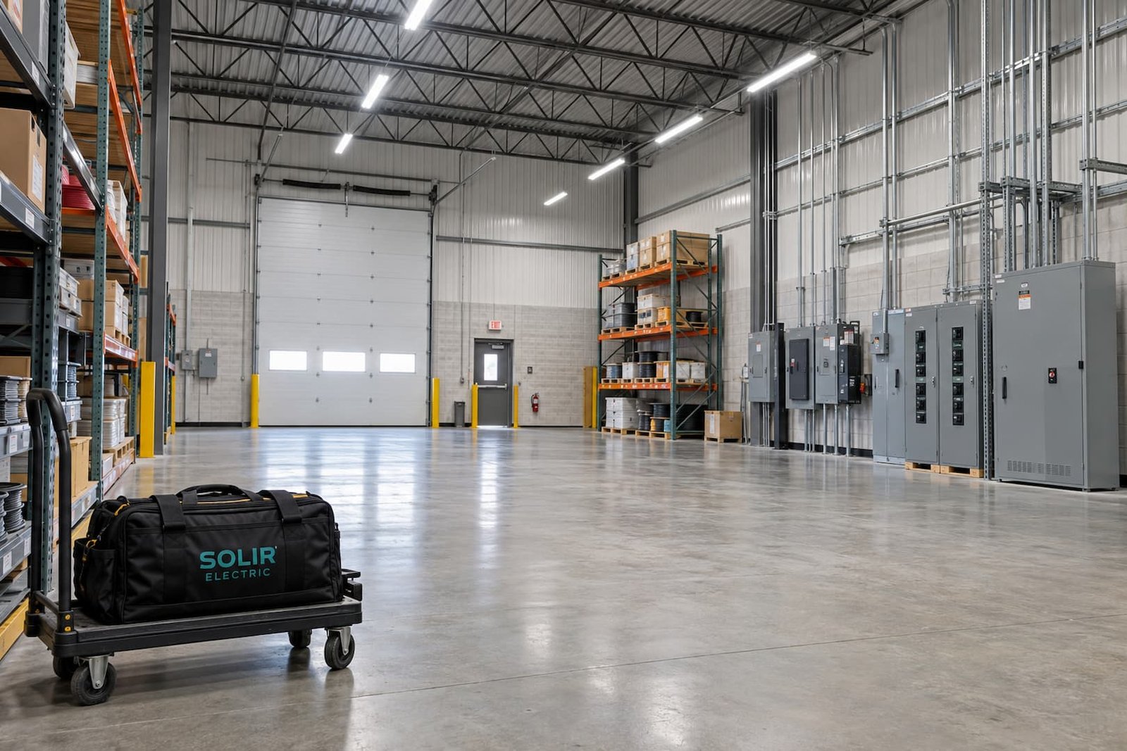 Modern commercial workspace with evenly arranged LED ceiling lights