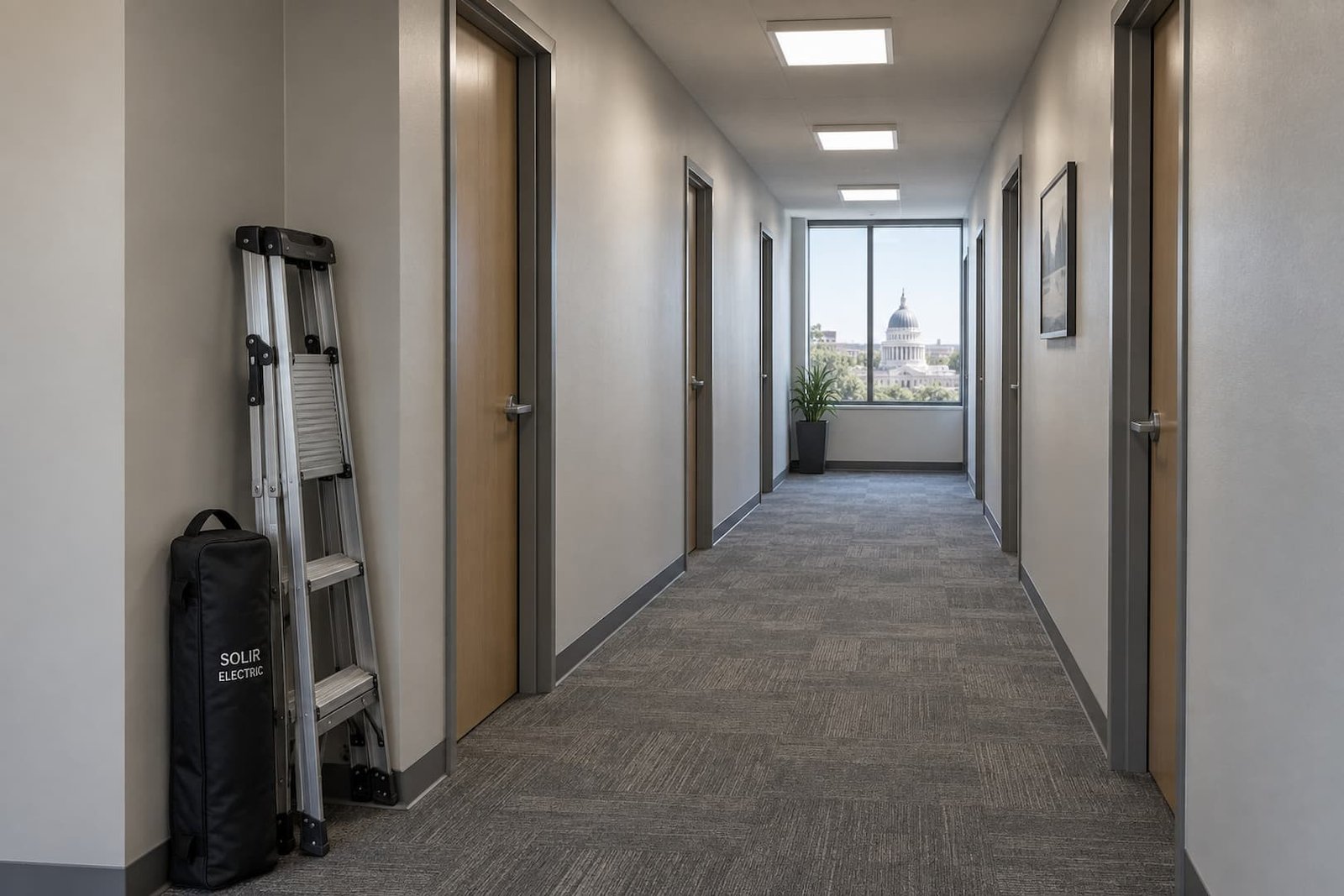 Empty office corridor with ceiling lights and a folded ladder stored beside a Solir Electric equipment sleeve.