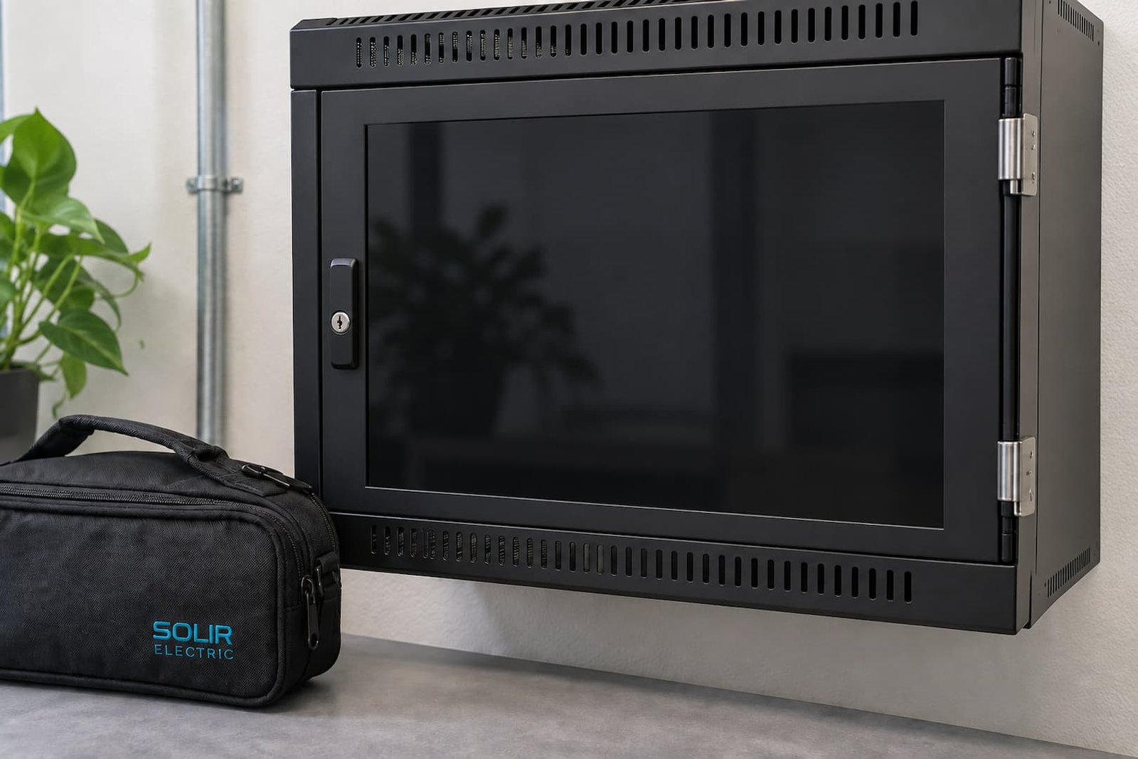 Data & Ethernet Cabling in Sacramento 1 Closed wall-mounted network cabinet with a dark glass door and a Solir Electric tool pouch