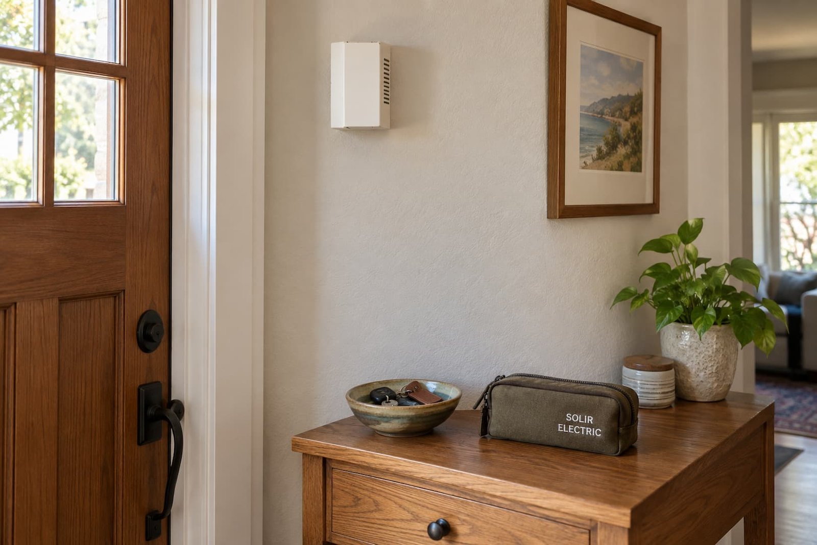 Doorbell Installation & Wiring in Sacramento 2 Closed indoor doorbell chime mounted beside an entry door, above a console with a Solir Electric tool pouch.