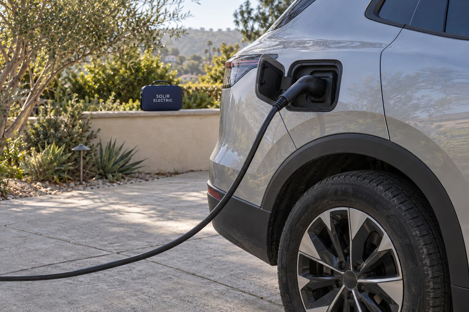 Charging connector seated in the port of a silver electric vehicle on a driveway, with a Solir Electric case nearby.