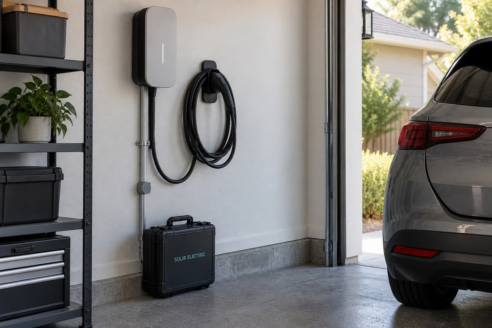 Wall-mounted EV charger with a holstered cable in a home garage