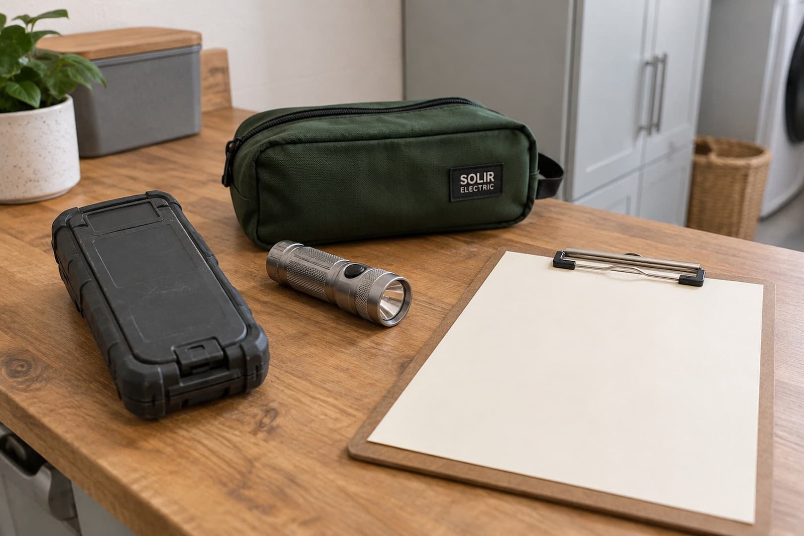 A closed instrument case, flashlight and blank clipboard on a utility-room worktop with a Solir Electric equipment pouch.
