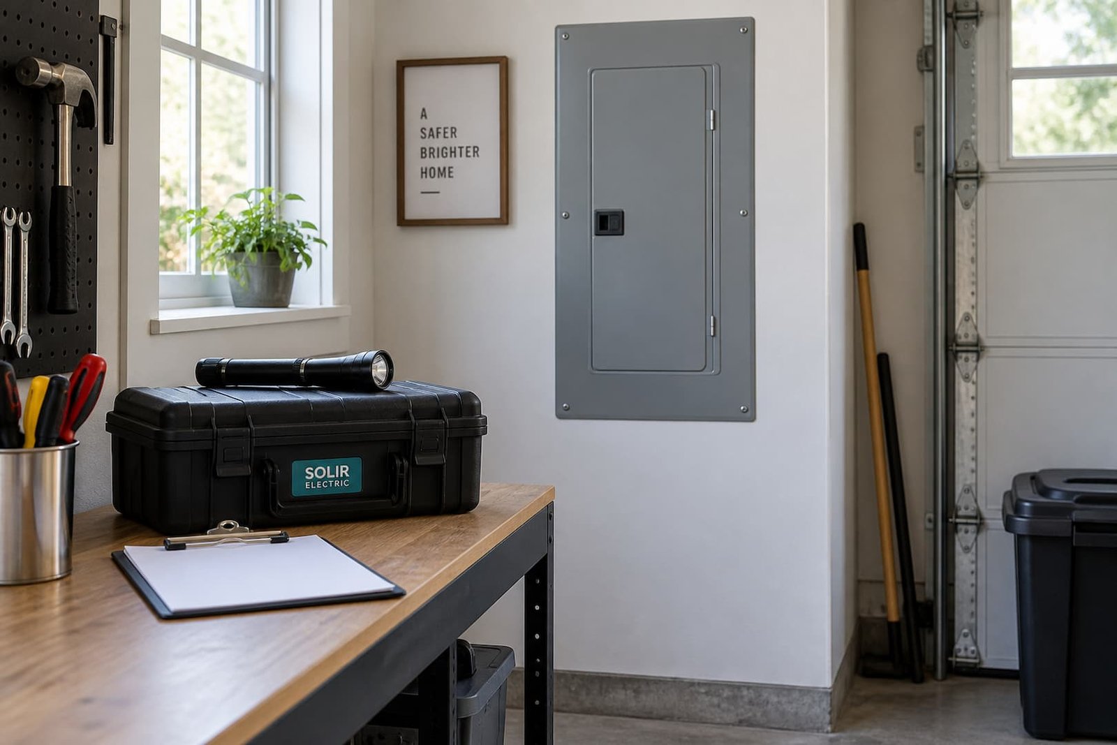 Closed electrical panel beside a workbench with a clipboard, flashlight and Solir Electric case