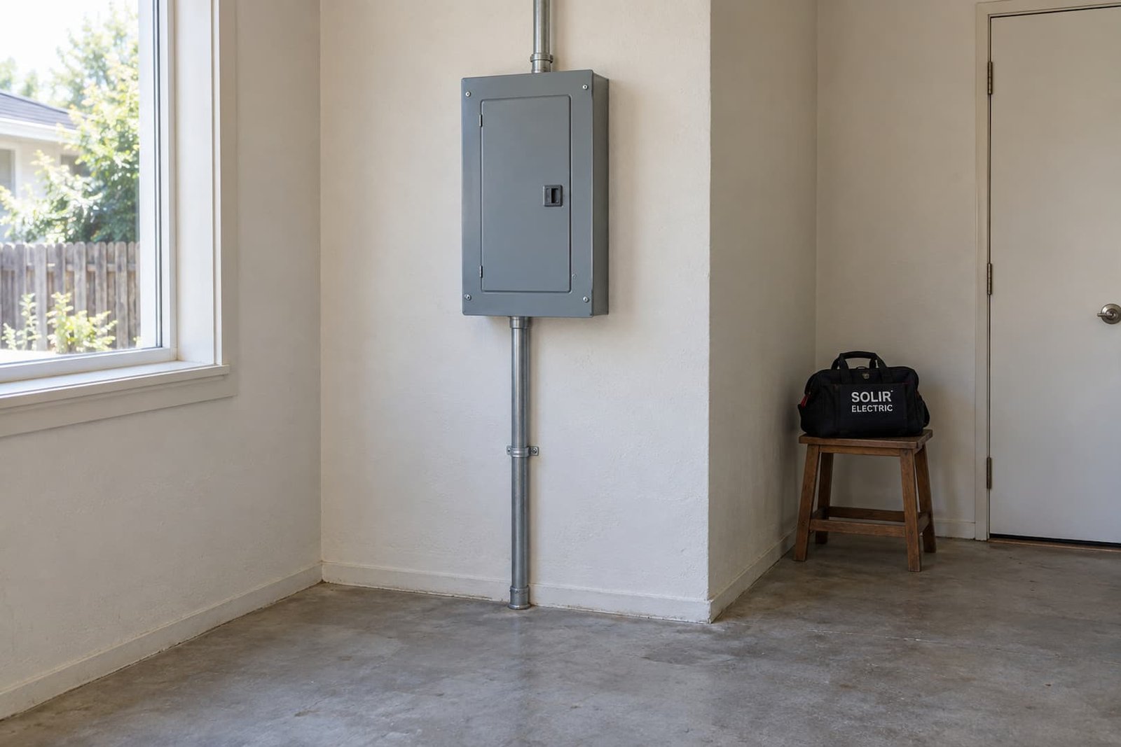Electrical Panel Upgrades and Installation 2 Closed gray subpanel with a straight conduit route and clear floor access in a utility room.