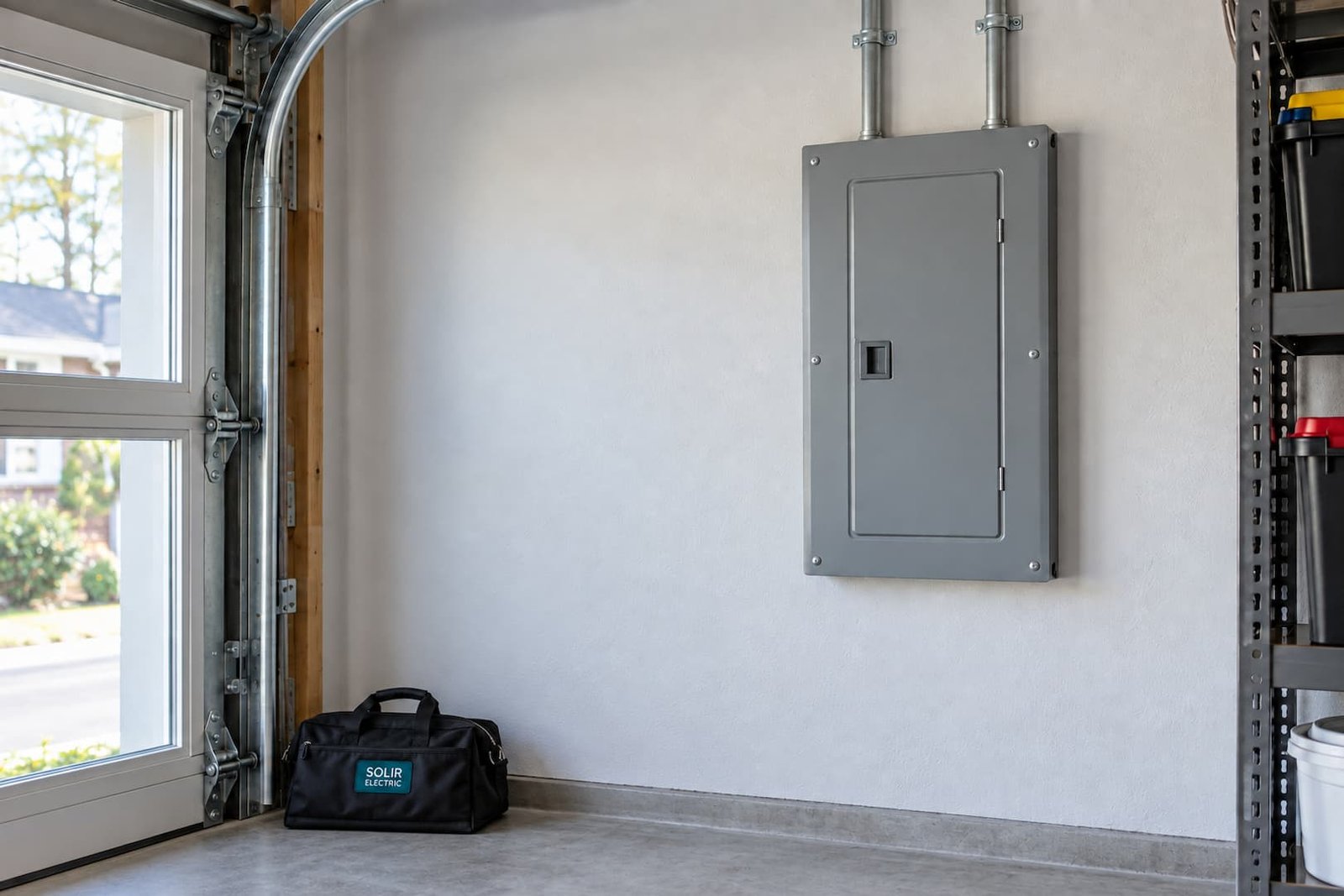 Electrical Panel Upgrades and Installation 1 Closed gray electrical panel with conduit and a Solir Electric tool bag