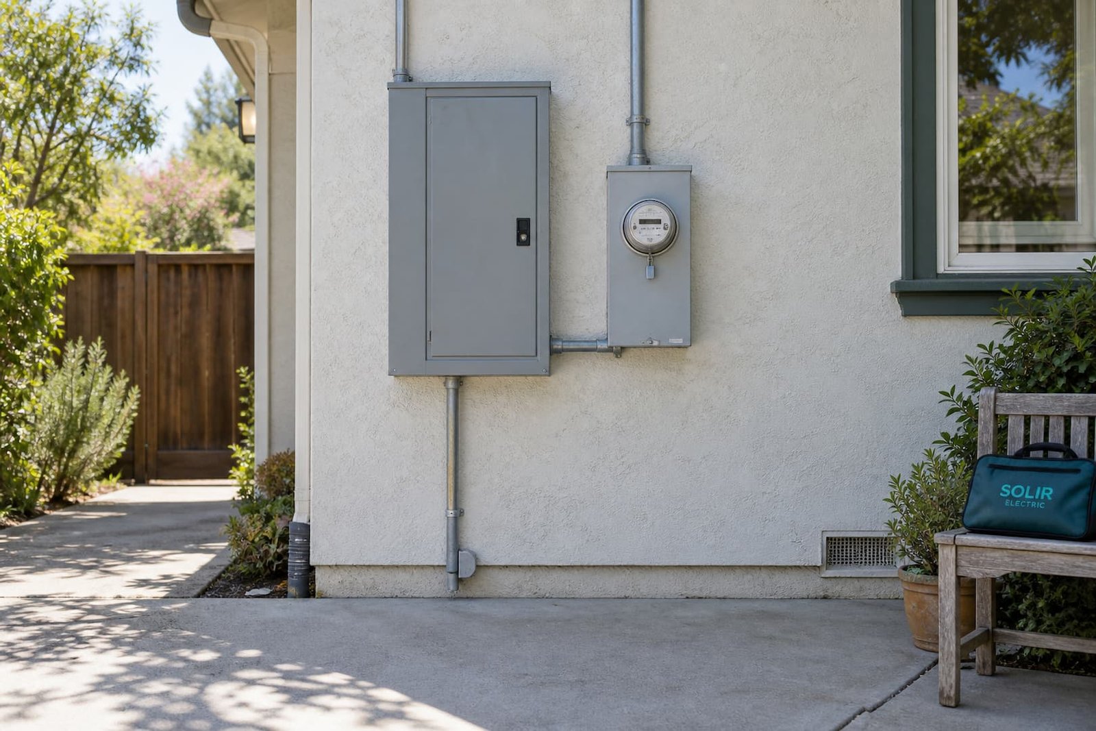 Electrical Panel Upgrades and Installation 3 Closed electrical service equipment on a stucco wall with clear space in front