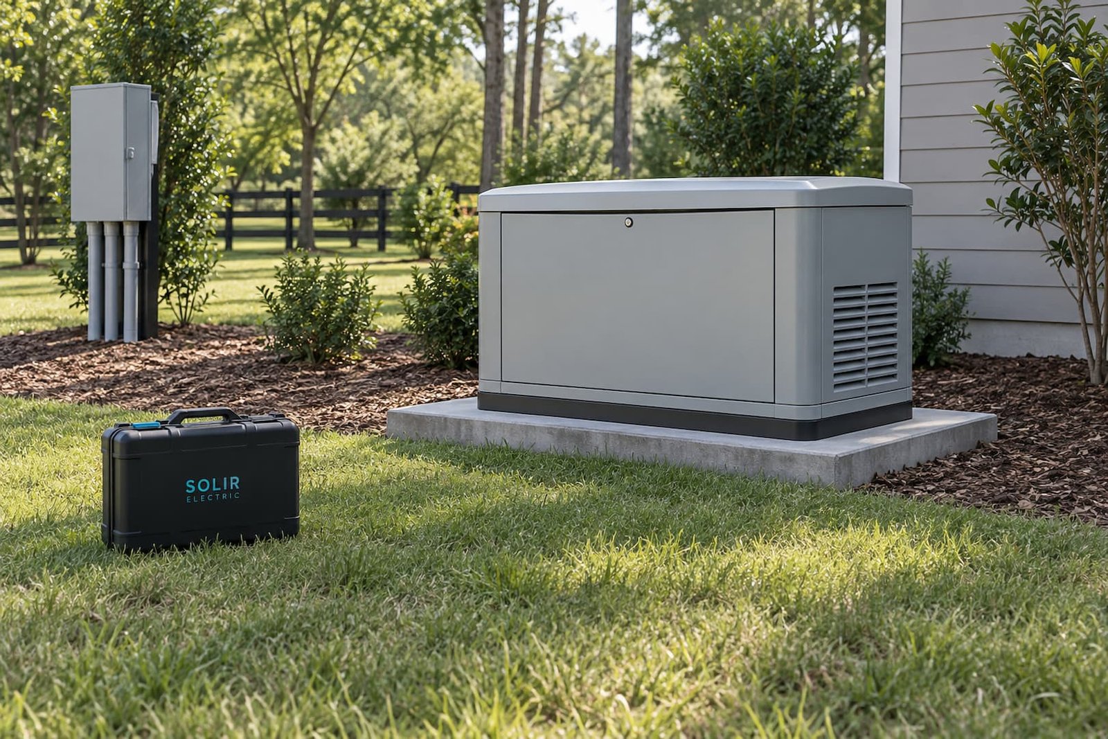 Outdoor standby generator beside a home with clear space around the enclosure