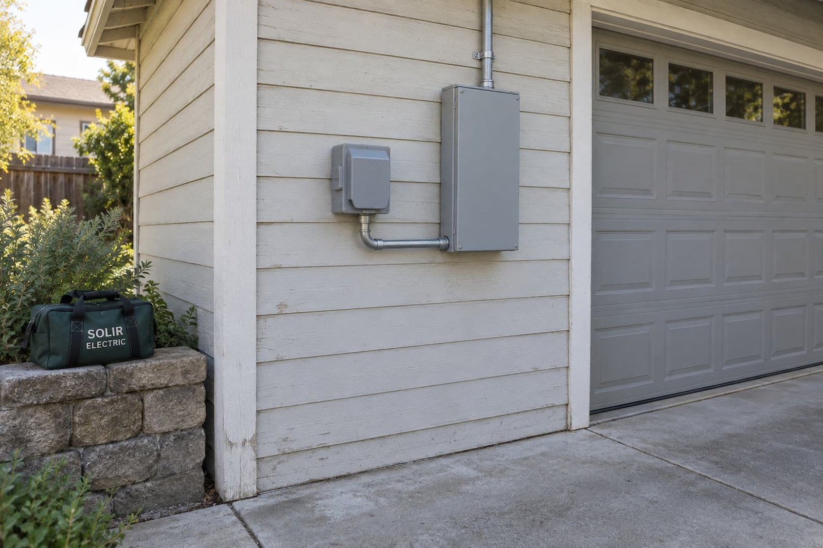 Closed generator inlet and transfer equipment enclosures mounted on a garage wall with clear access.
