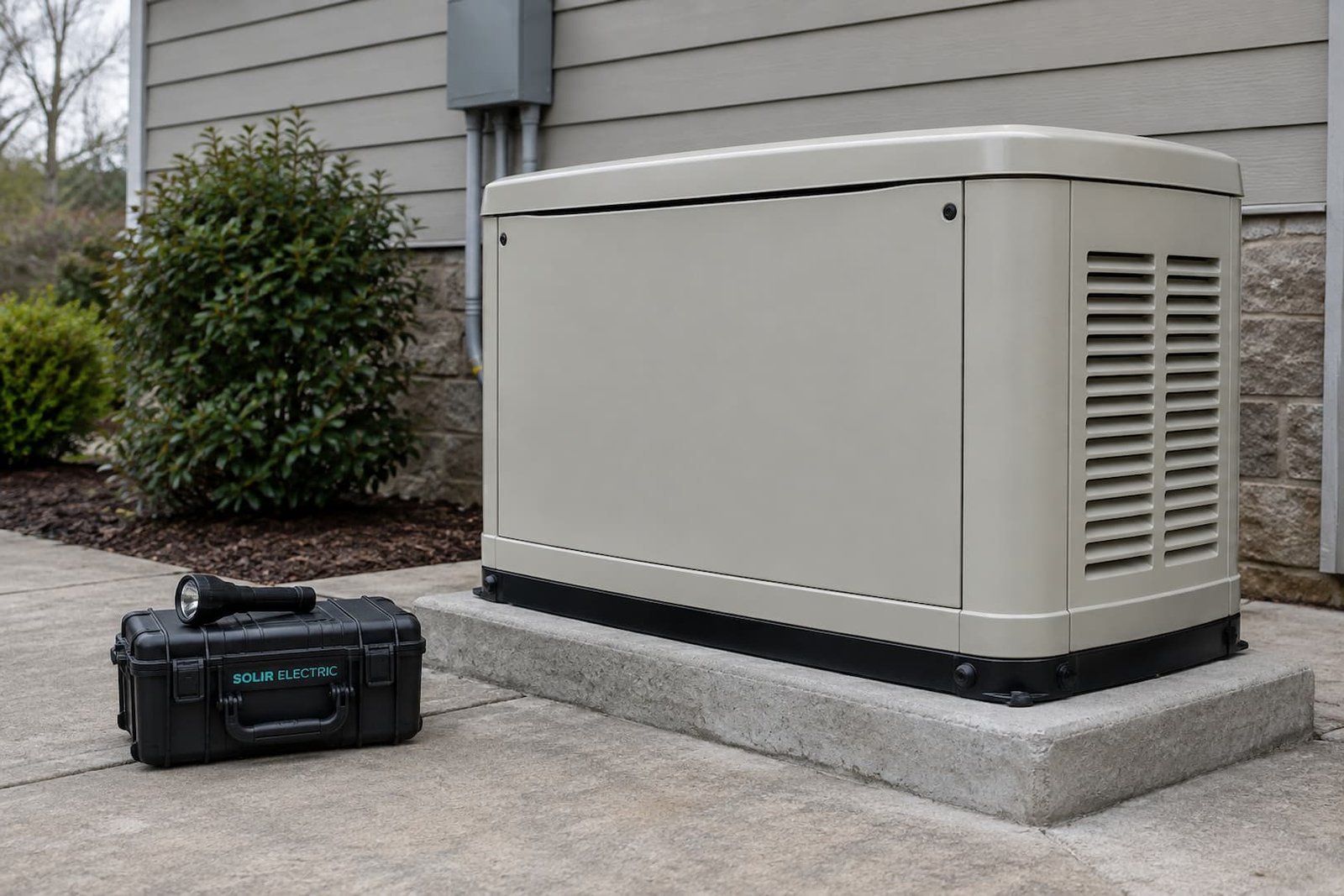 Closed standby generator enclosure with a tool case and flashlight nearby