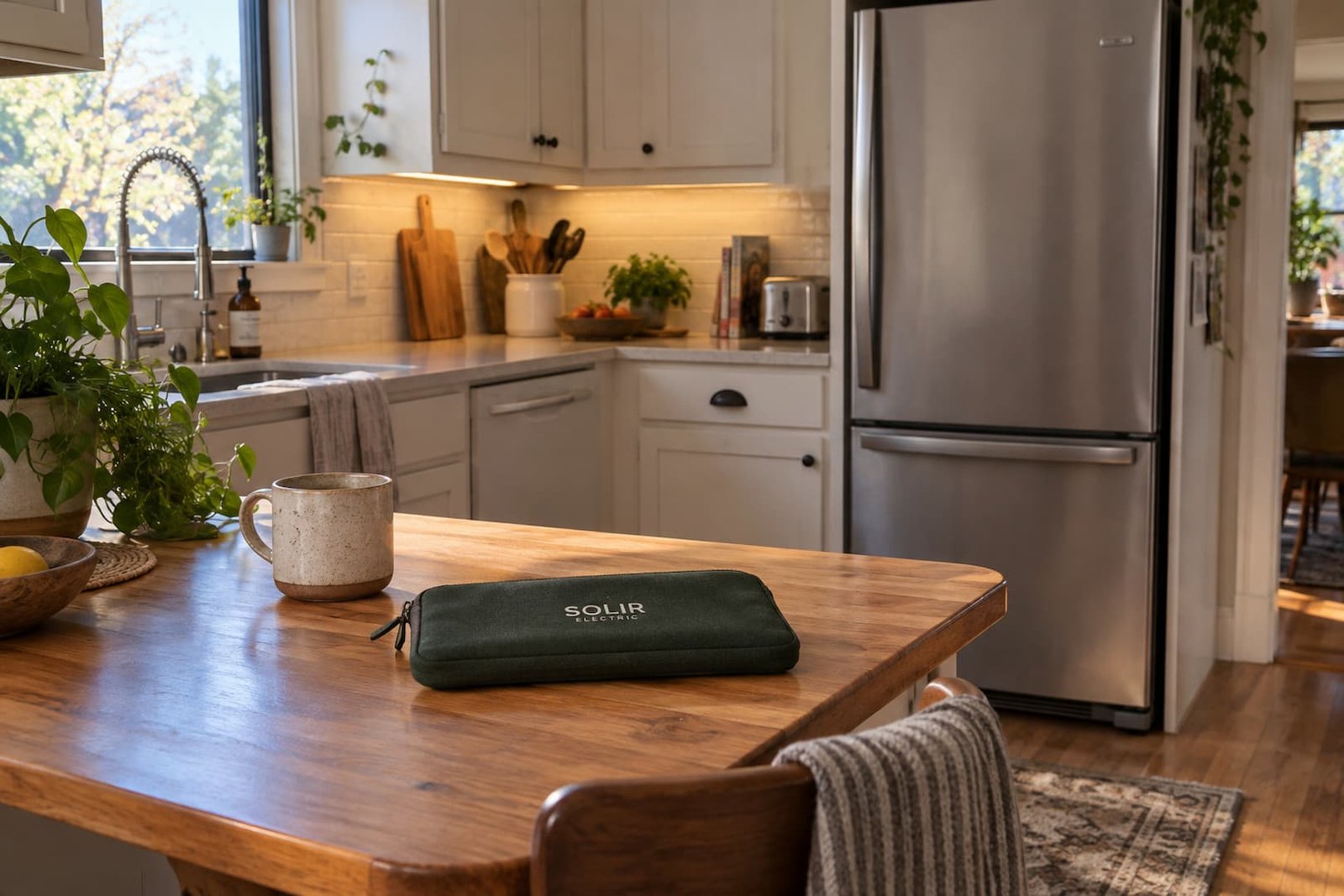 Home kitchen with a refrigerator, task lighting and a small Solir Electric document pouch