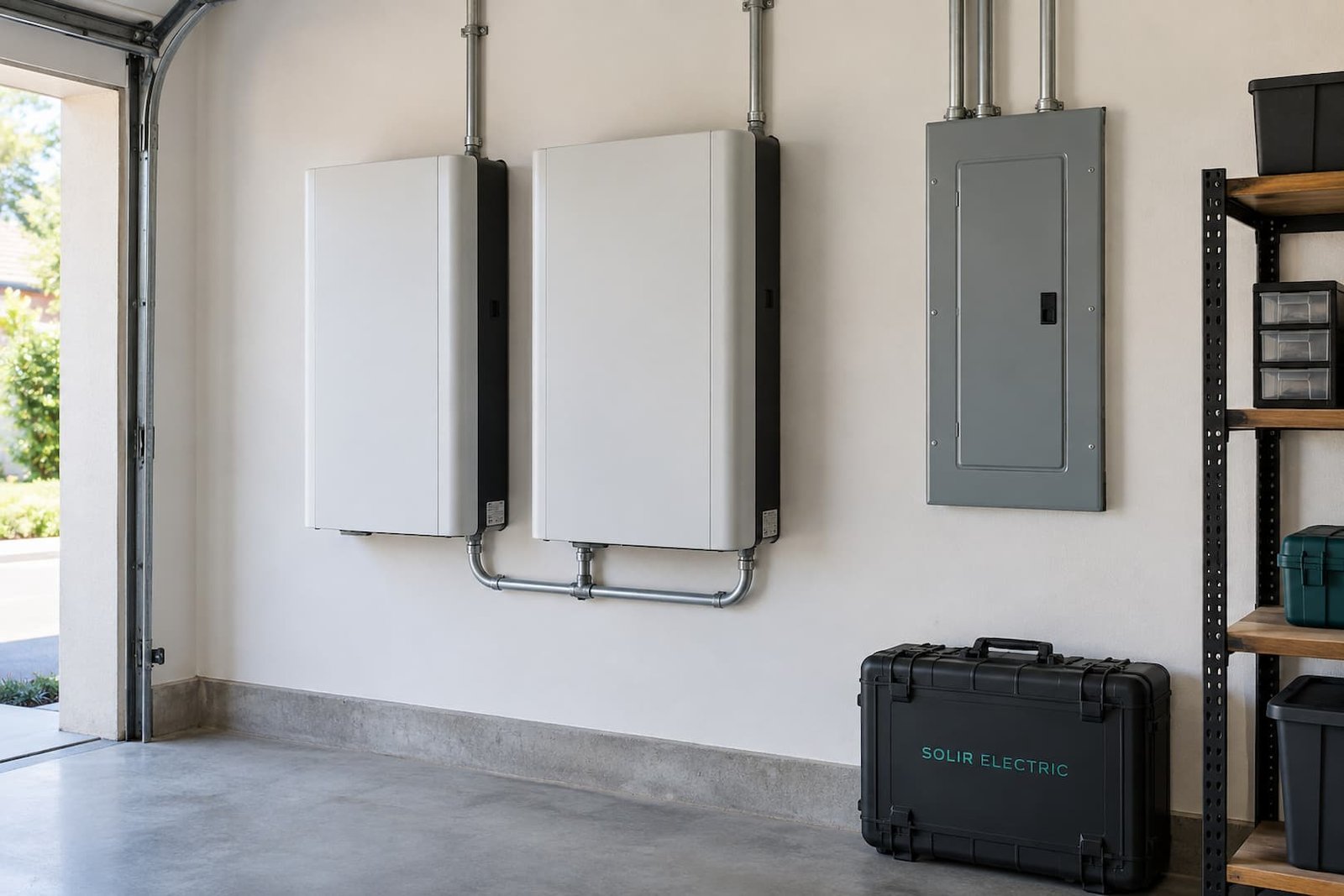 Wall-mounted home battery equipment in a tidy residential garage