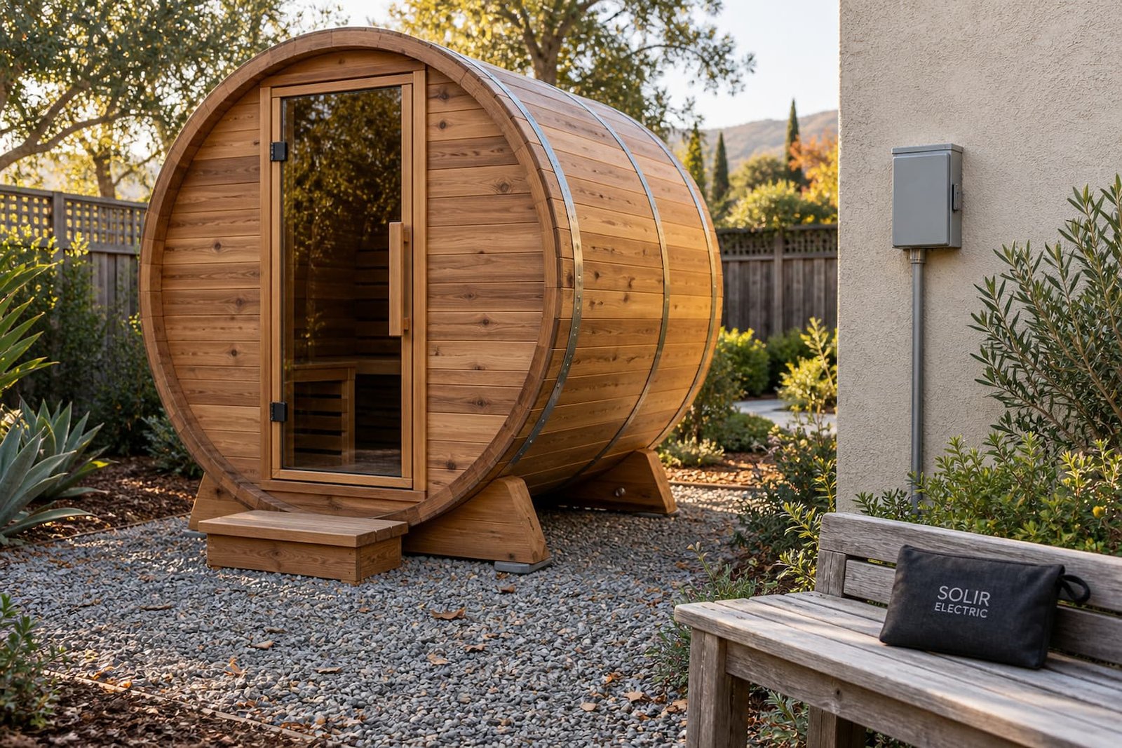 Hot Tub & Sauna Wiring in Sacramento 2 Cedar barrel sauna on a gravel pad with a closed disconnect on a separate wall and a Solir Electric pouch on a bench.