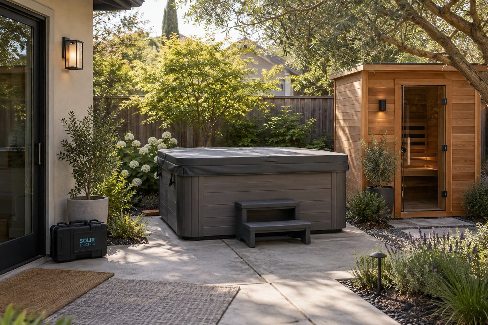 Hot Tub & Sauna Wiring in Sacramento 1 Residential backyard with a covered hot tub and adjacent sauna exterior