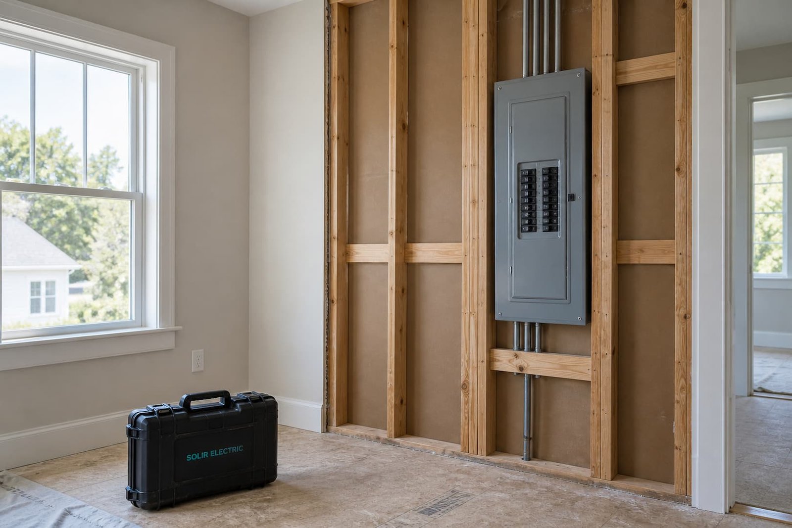 Unfinished residential wall framing beside a closed electrical panel