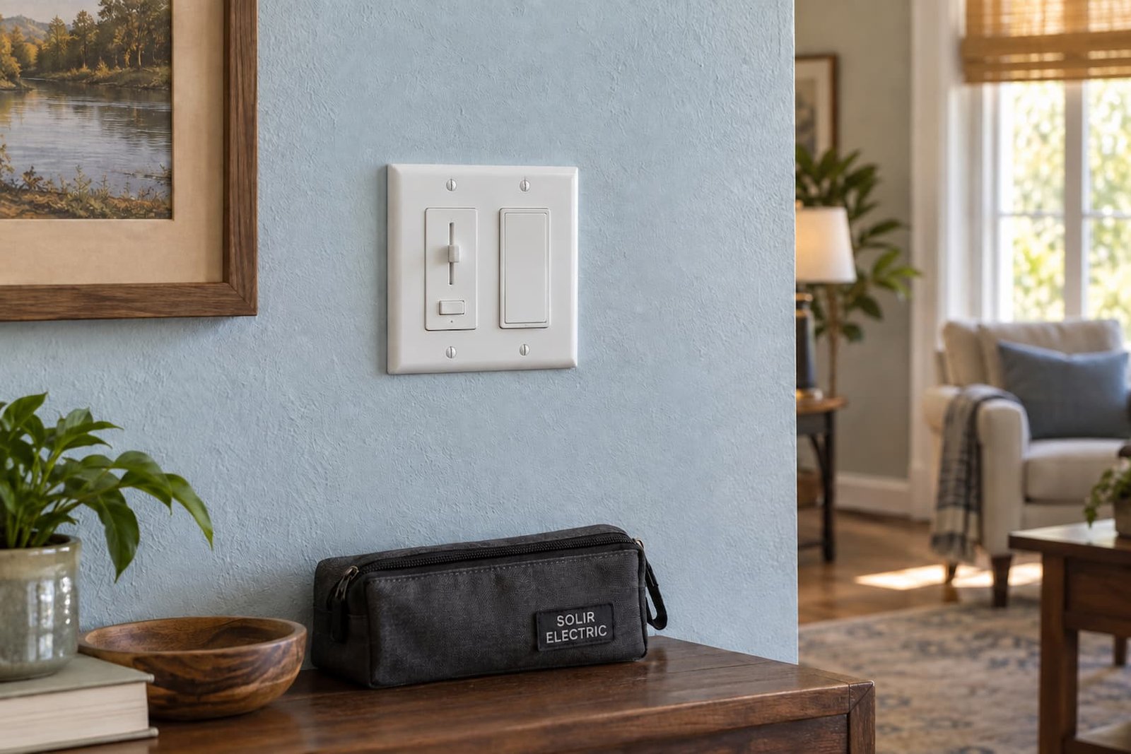 Install & Repair Ceiling Fans 2 Fan speed control and plain paddle light switch in a two-gang wallplate, with a Solir Electric pouch on the console below.