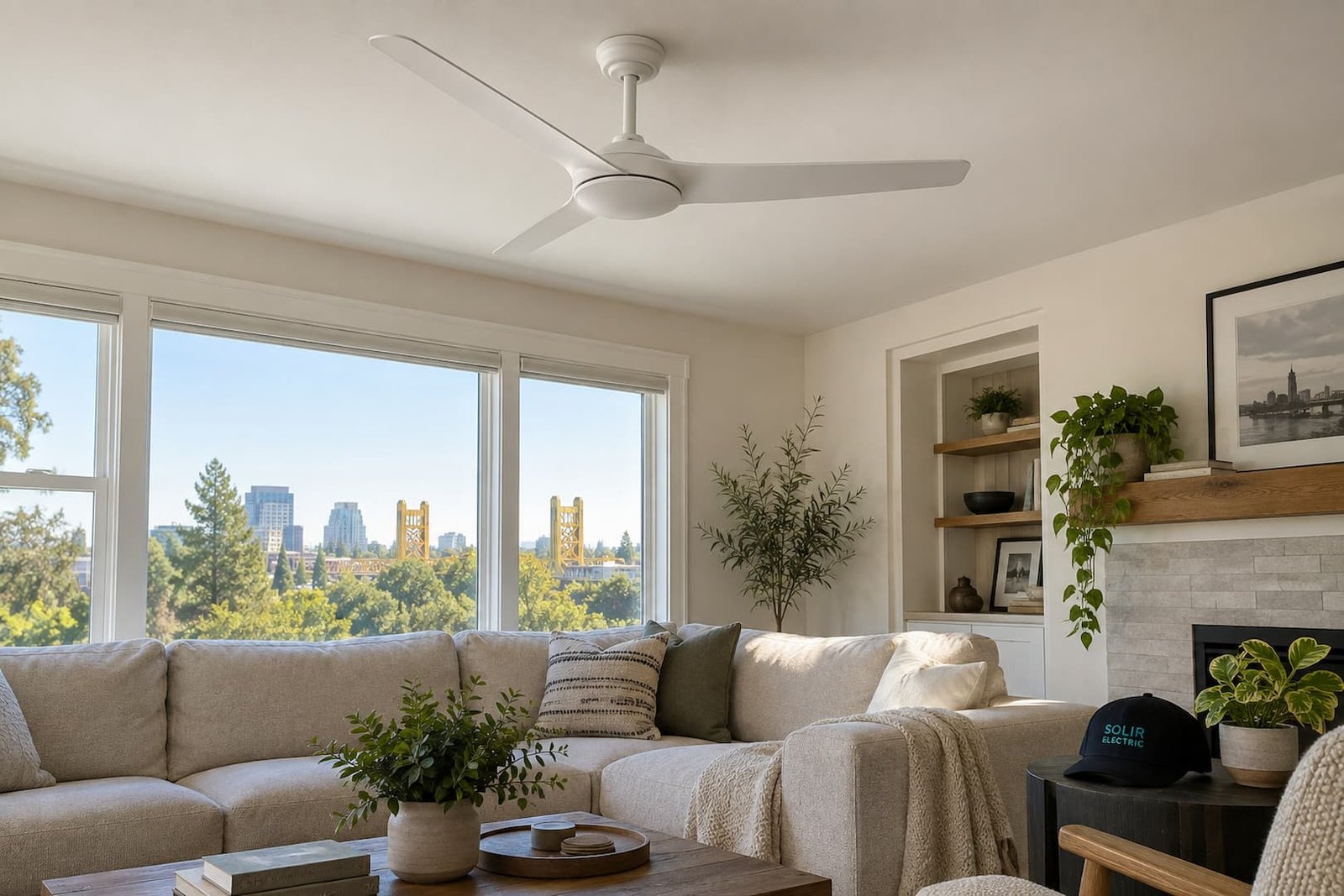 Install & Repair Ceiling Fans 1 Three-blade ceiling fan in a bright living room