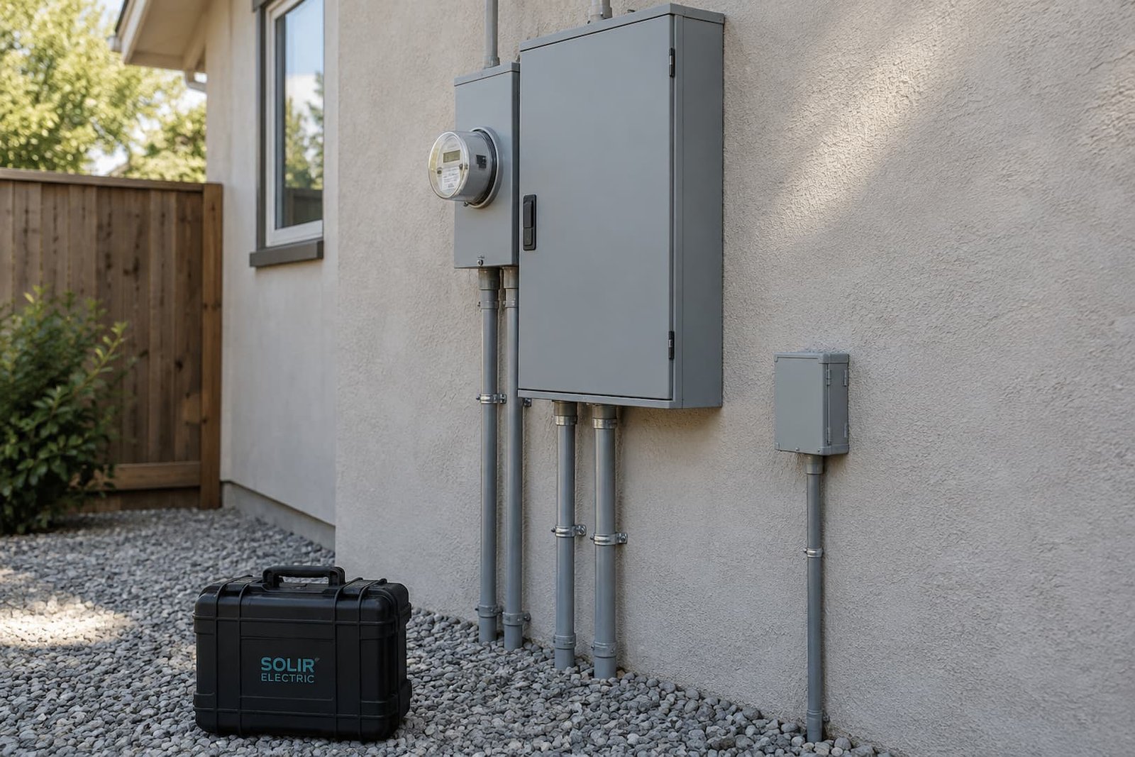 Closed exterior electrical service equipment with conduit on a stucco wall