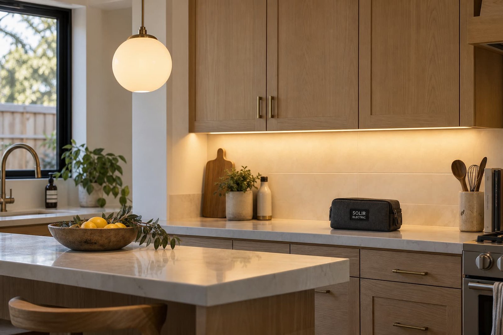Warm under-cabinet lighting and an opal pendant illuminate a kitchen work area beside a Solir Electric tool pouch.