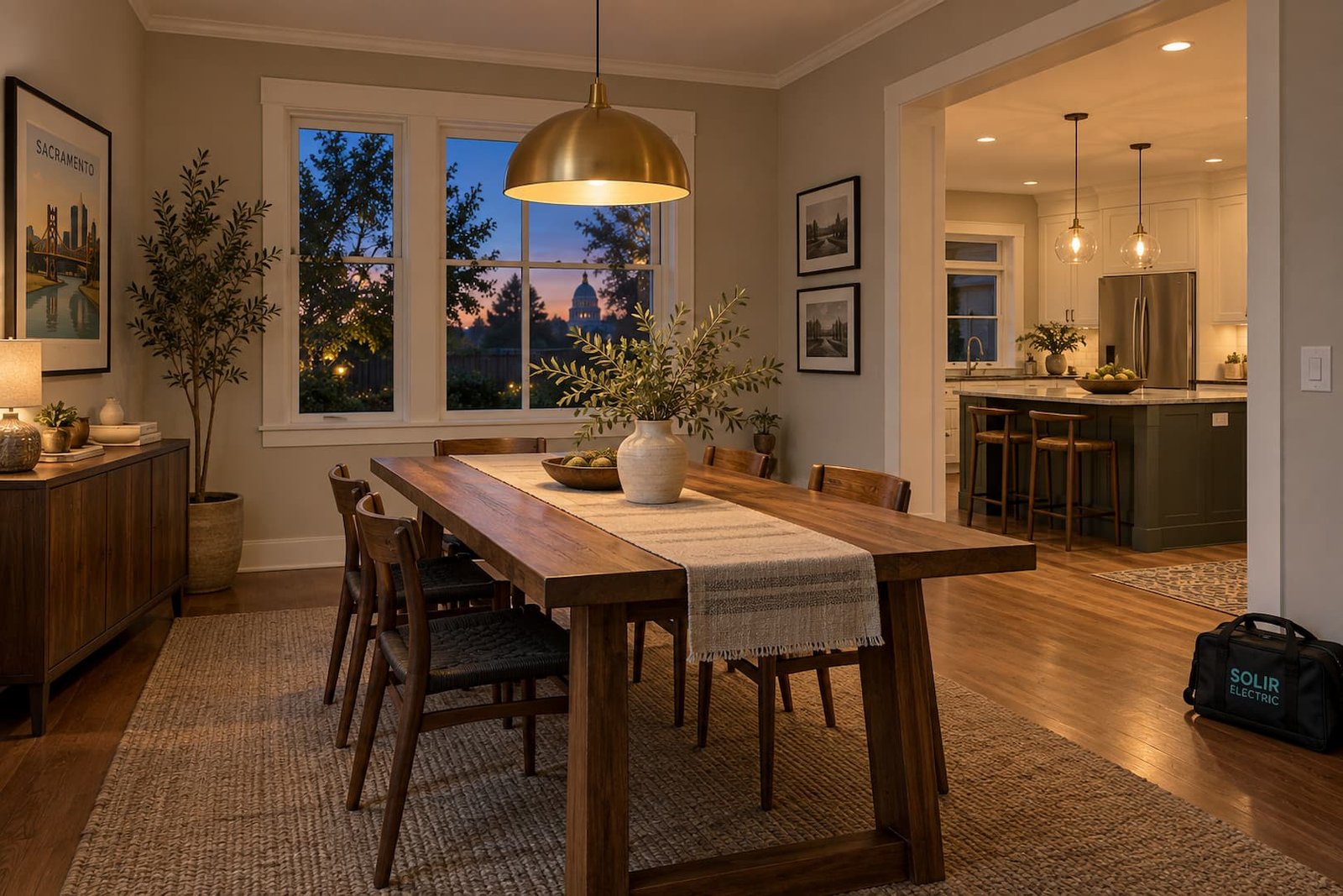 Pendant and recessed lights illuminating a dining room and kitchen