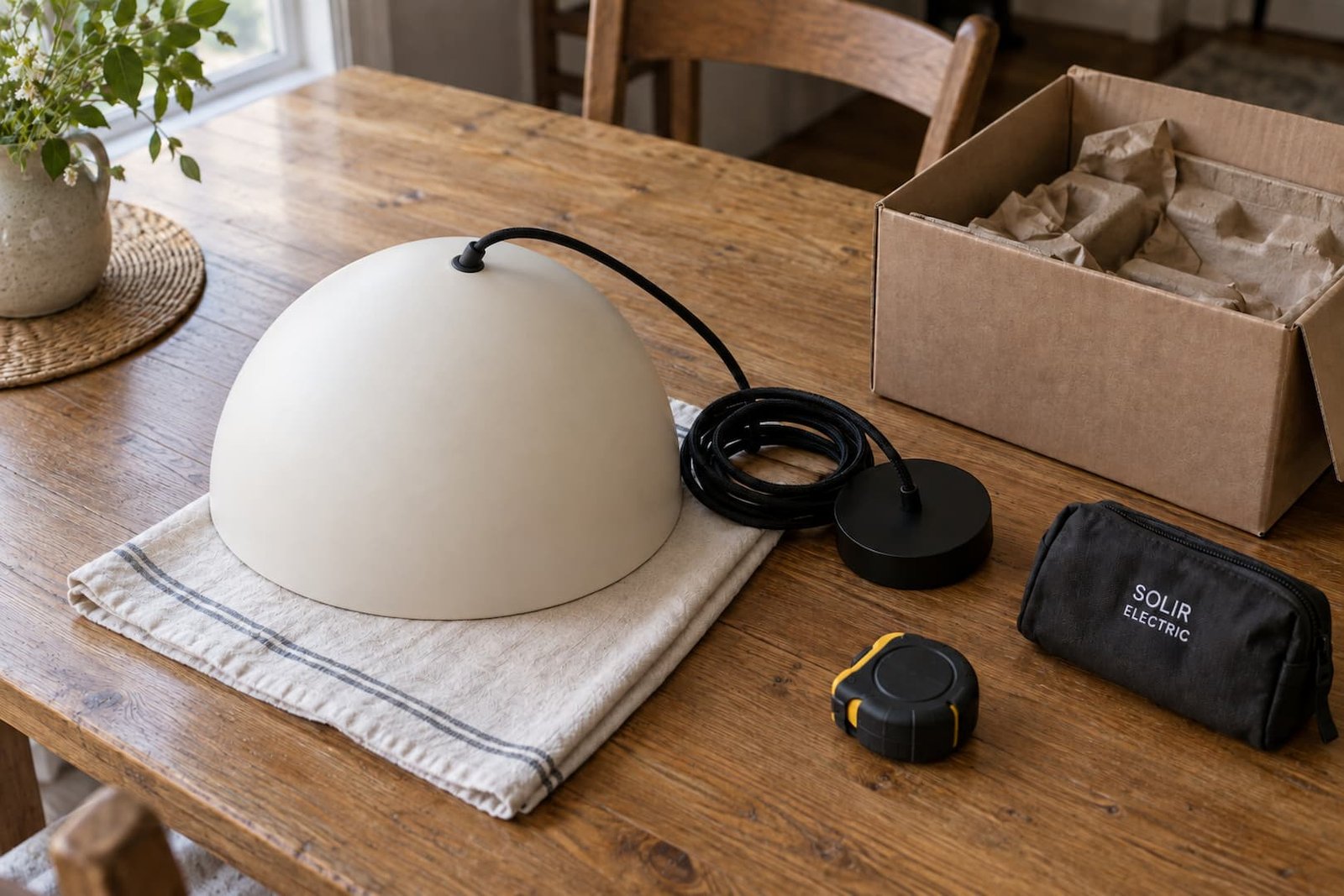 Cream dome pendant fixture, packaging and tape measure on a protected wooden table beside a Solir Electric pouch.