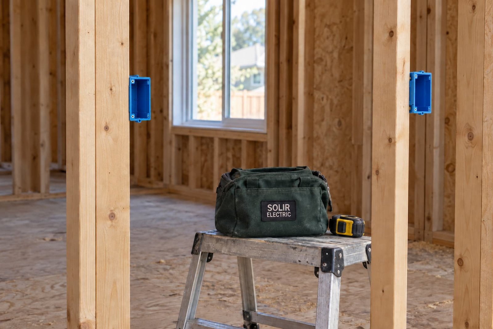 Empty electrical boxes beside timber studs in a room under construction, with a Solir Electric equipment bag.