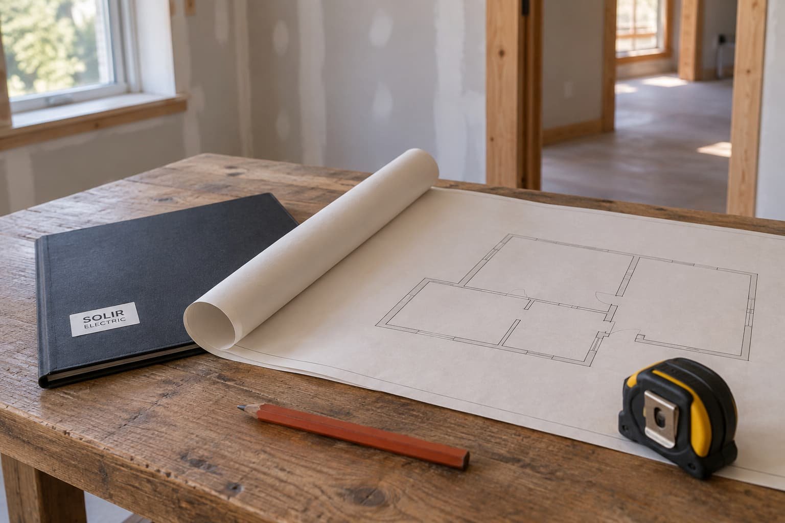 A simple room plan, carpenter pencil and tape measure on a renovation worktable beside a Solir Electric folder.