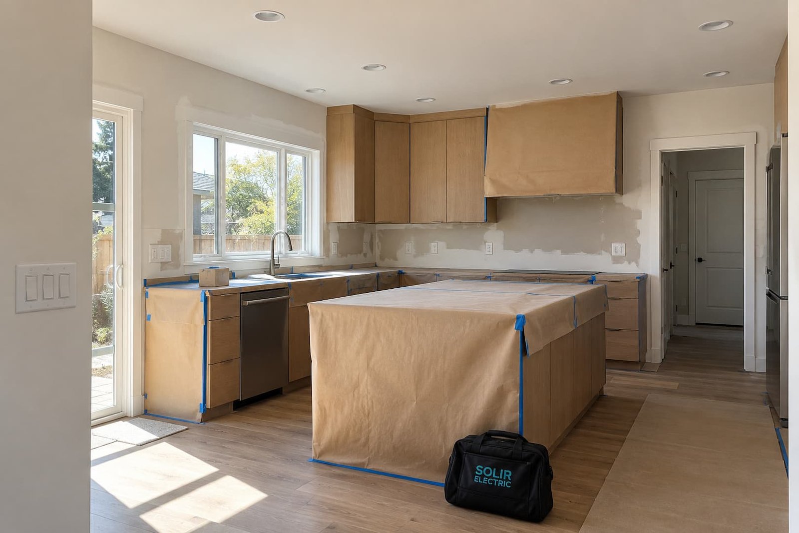 Bright partially completed residential remodel with finished lighting and a discreet Solir branded tool bag