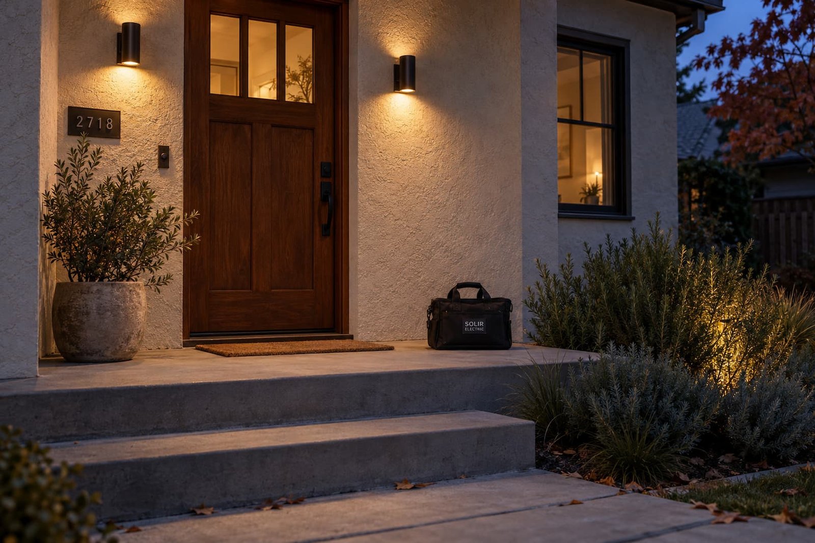 Outdoor Lighting 2 Warm wall sconces illuminate a home's front door and broad concrete entrance steps at dusk, beside a Solir Electric tool bag.