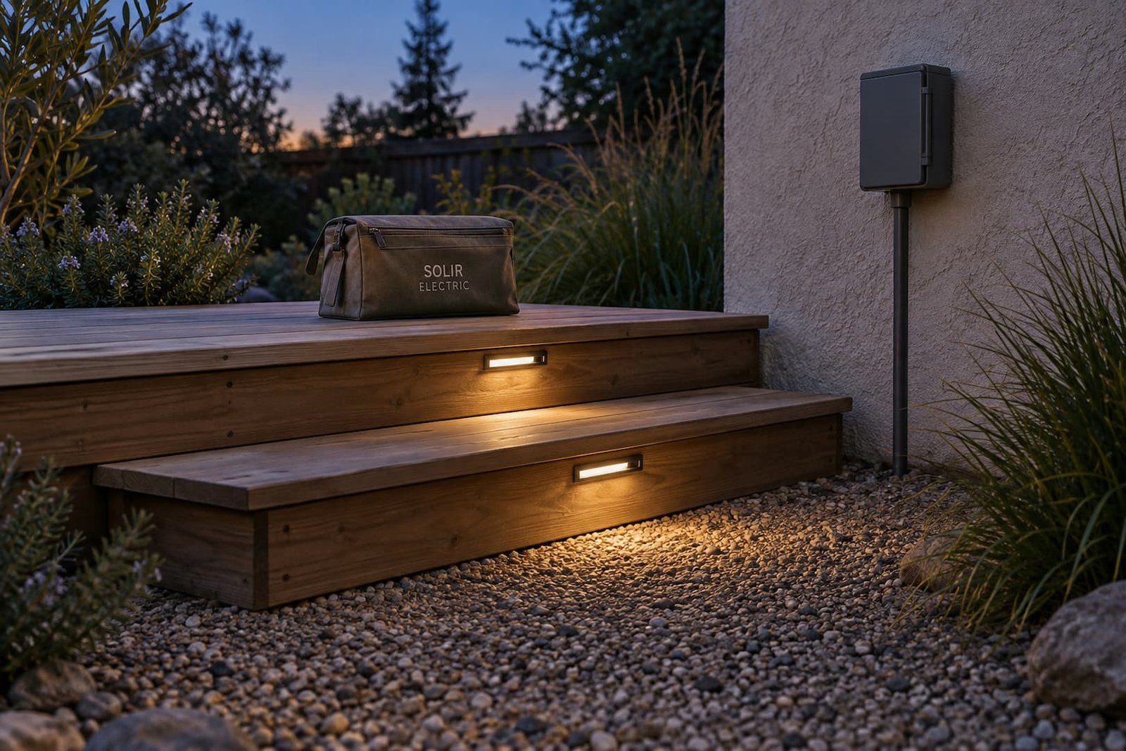 Outdoor Lighting 4 Recessed lights illuminate two cedar garden steps beside a closed exterior lighting enclosure and a Solir Electric service pouch.