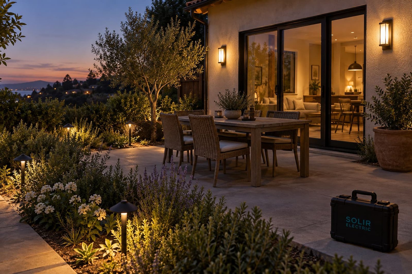 Outdoor Lighting 1 Warm patio wall lights and landscape lighting at dusk