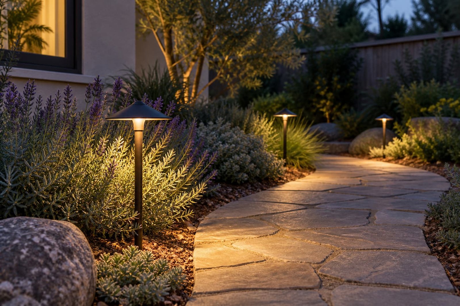 Outdoor Lighting 3 Shielded path light directing warm light onto a garden walkway
