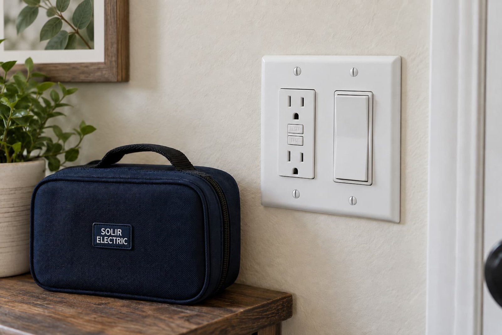A flush white GFCI receptacle and rocker switch on a dry interior wall beside a closed Solir Electric diagnostic case.
