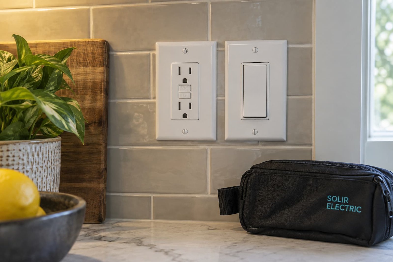 GFCI outlet and paddle light switch above a kitchen counter