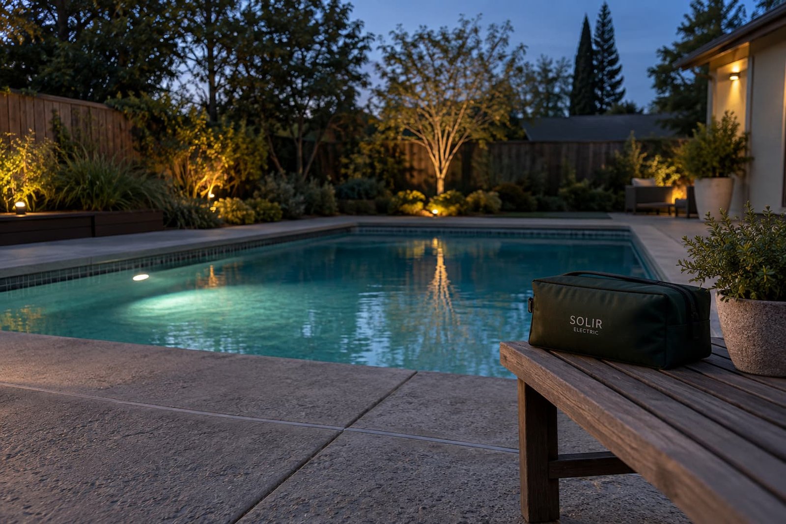 Pool Electrical Service in Sacramento 2 Residential pool with a single underwater light, dry deck and a Solir Electric service pouch