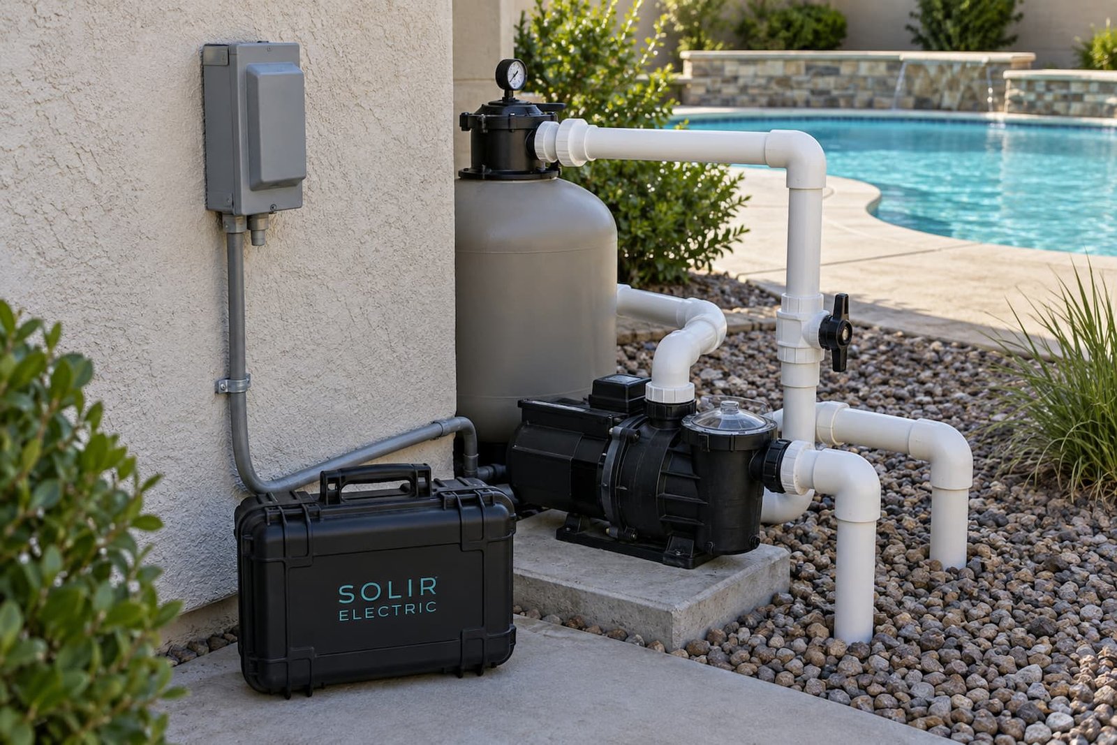 Pool Electrical Service in Sacramento 1 Pool pump, filter and closed electrical enclosure on a dry equipment pad