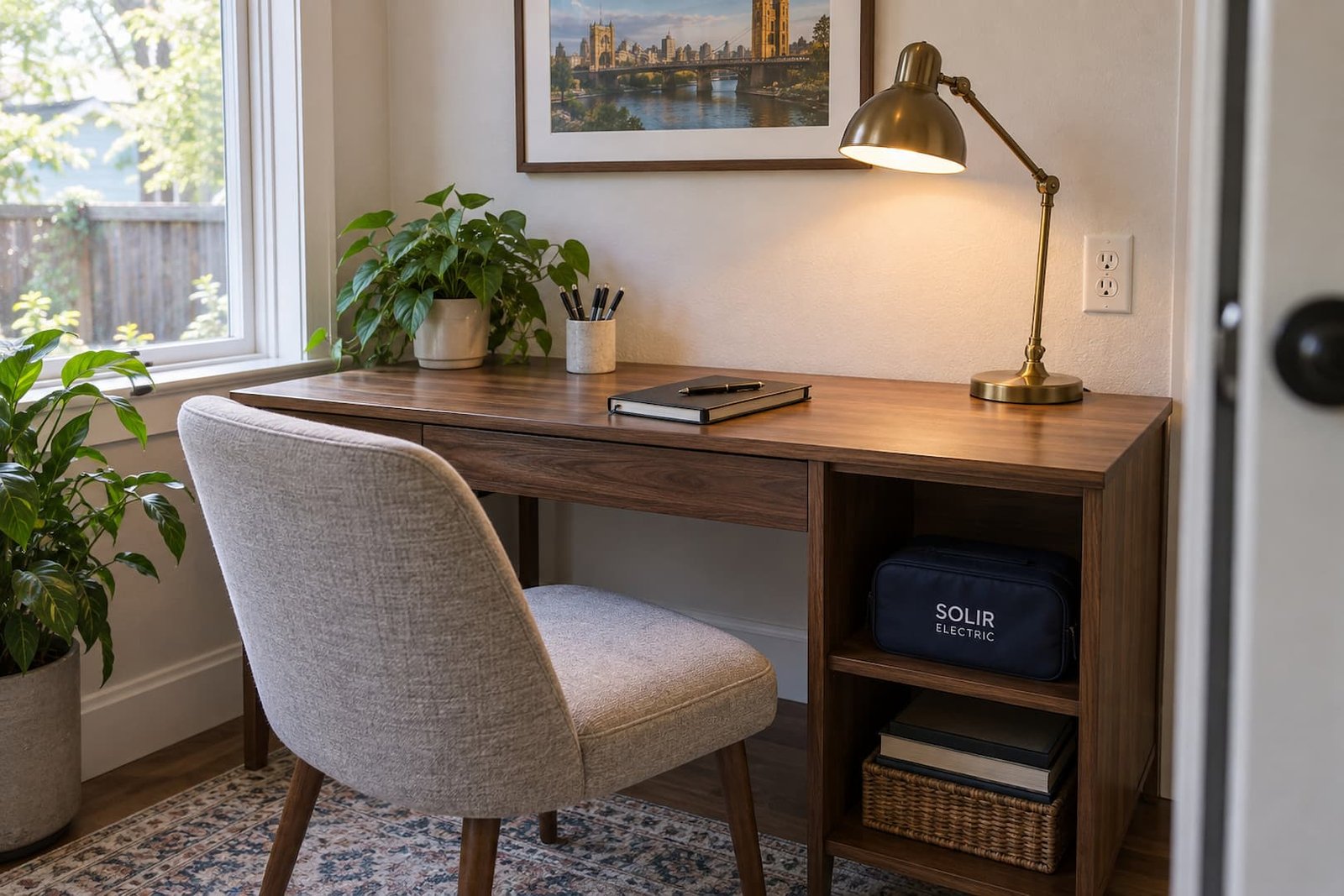 A daylit home work nook with a desk lamp, accessible wall outlet and a small Solir Electric equipment sleeve on a lower shelf.